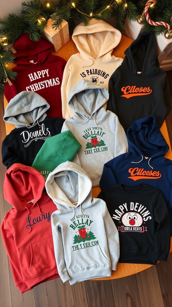 A variety of colorful hoodies on a wooden table with holiday decorations.